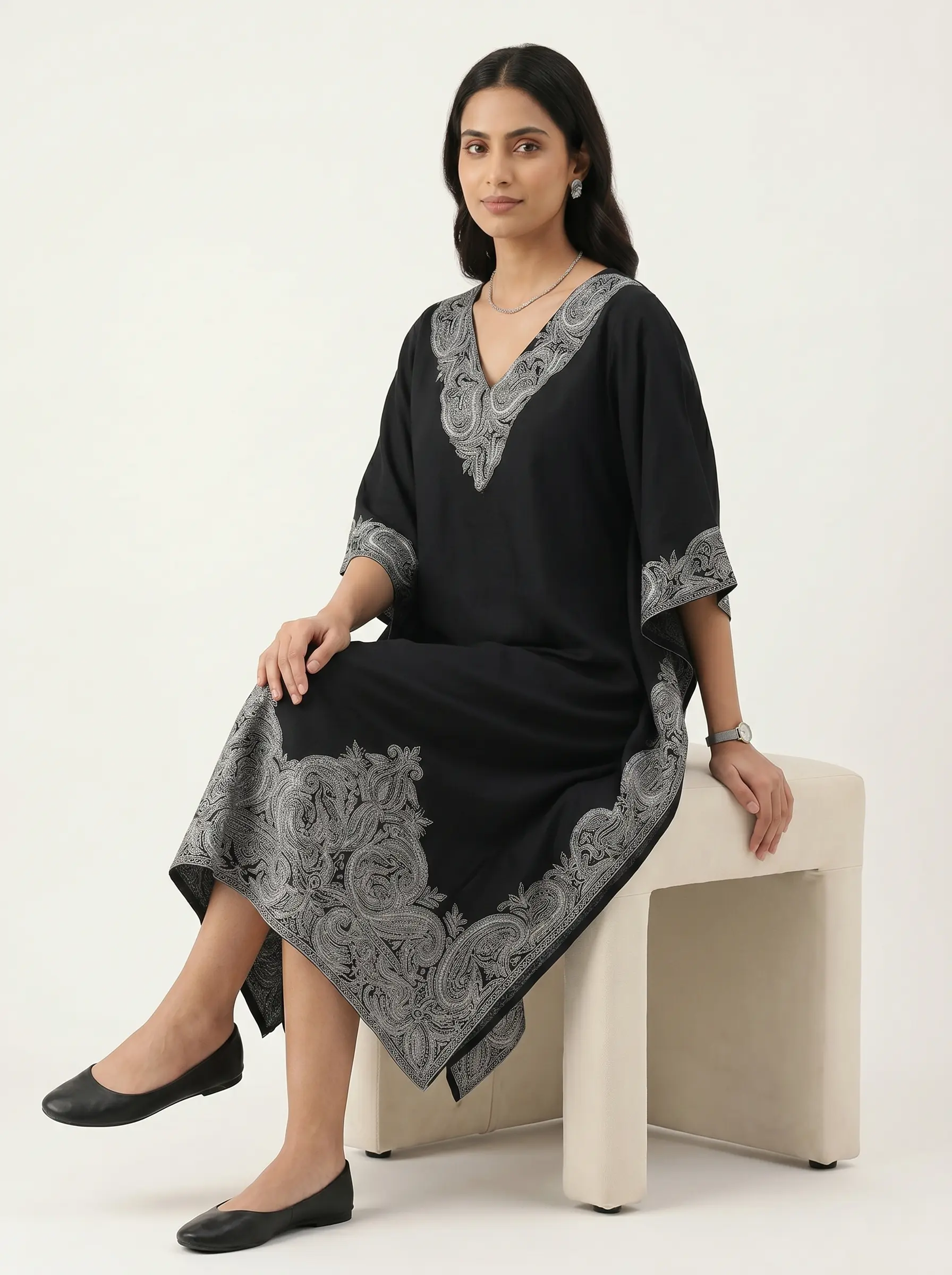 Black Embroidered Kaftan Dress for Women - Image 2