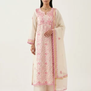 Elegant Pink Floral Embroidered Kurta Set with Dupatta for Women