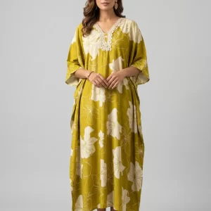 Mustard Floral Cotton Long Kaftan