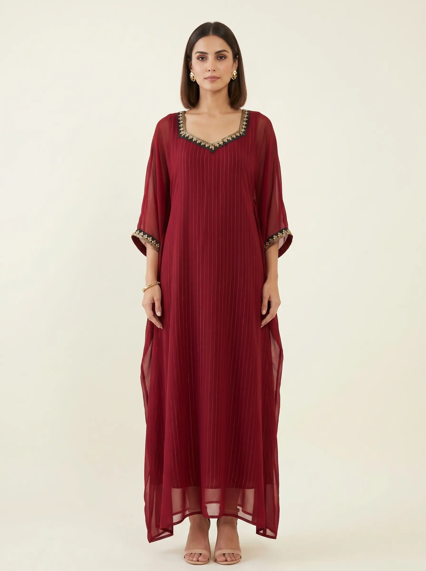 Elegant Maroon Embellished Kaftan Dress for Women