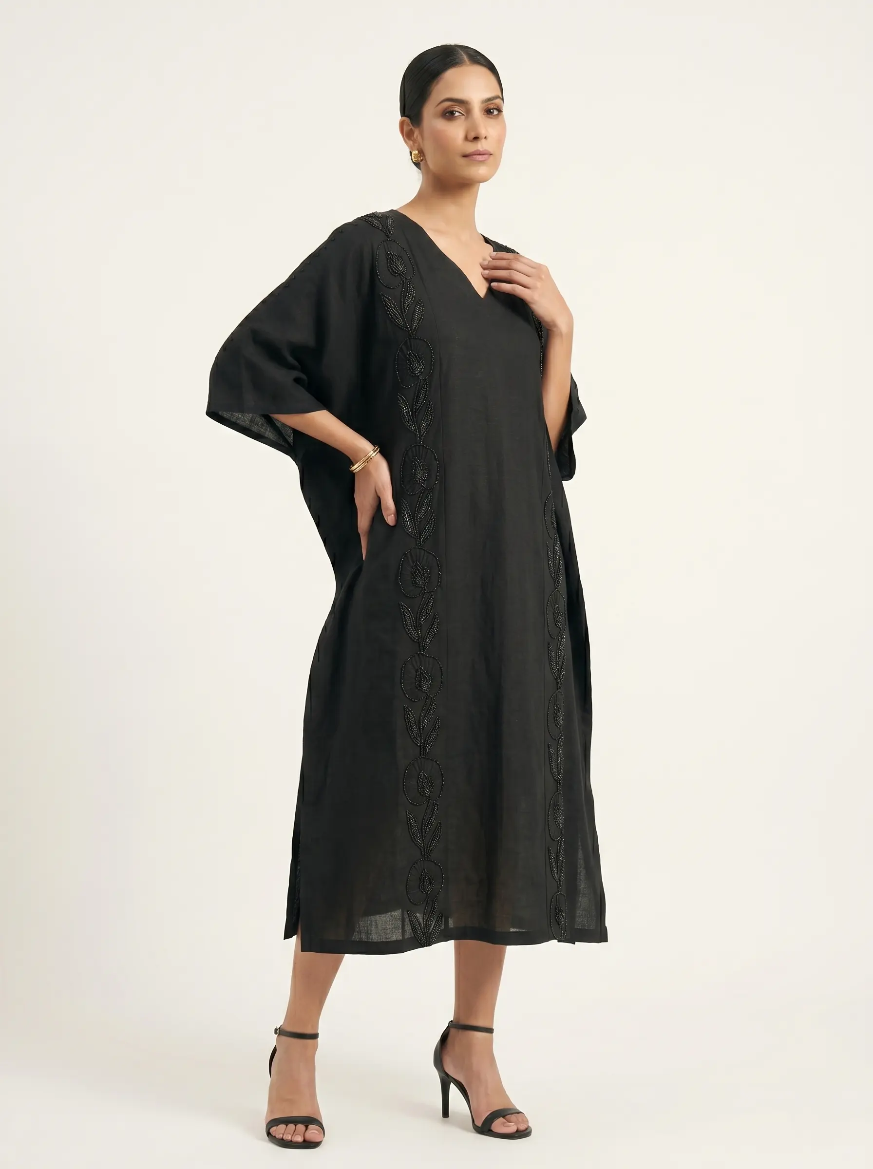 Classic Black Embroidered Kaftan Dress for Women - Image 2