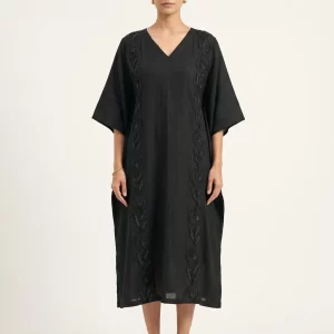Classic Black Embroidered Kaftan Dress for Women