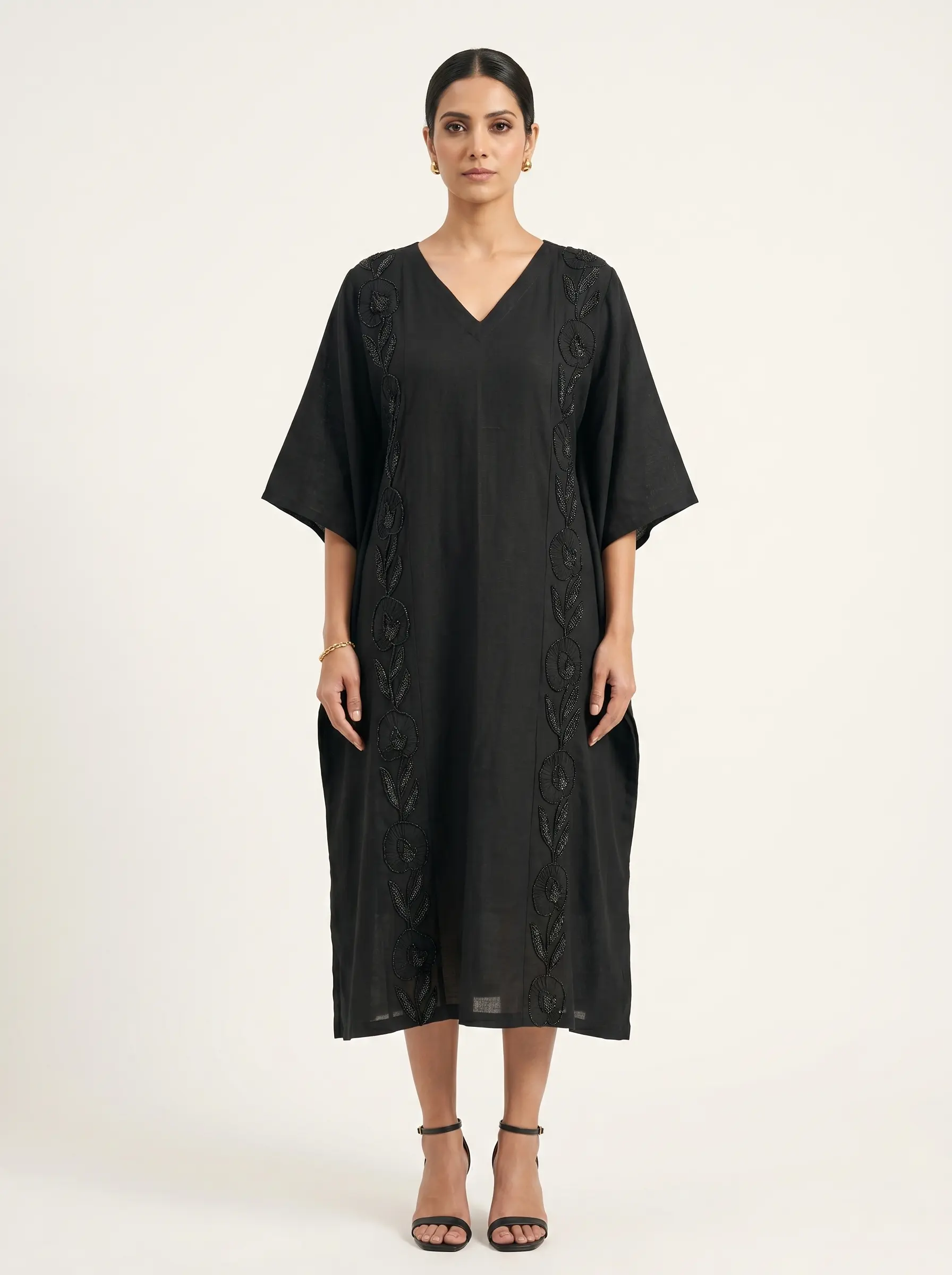 Classic Black Embroidered Kaftan Dress for Women