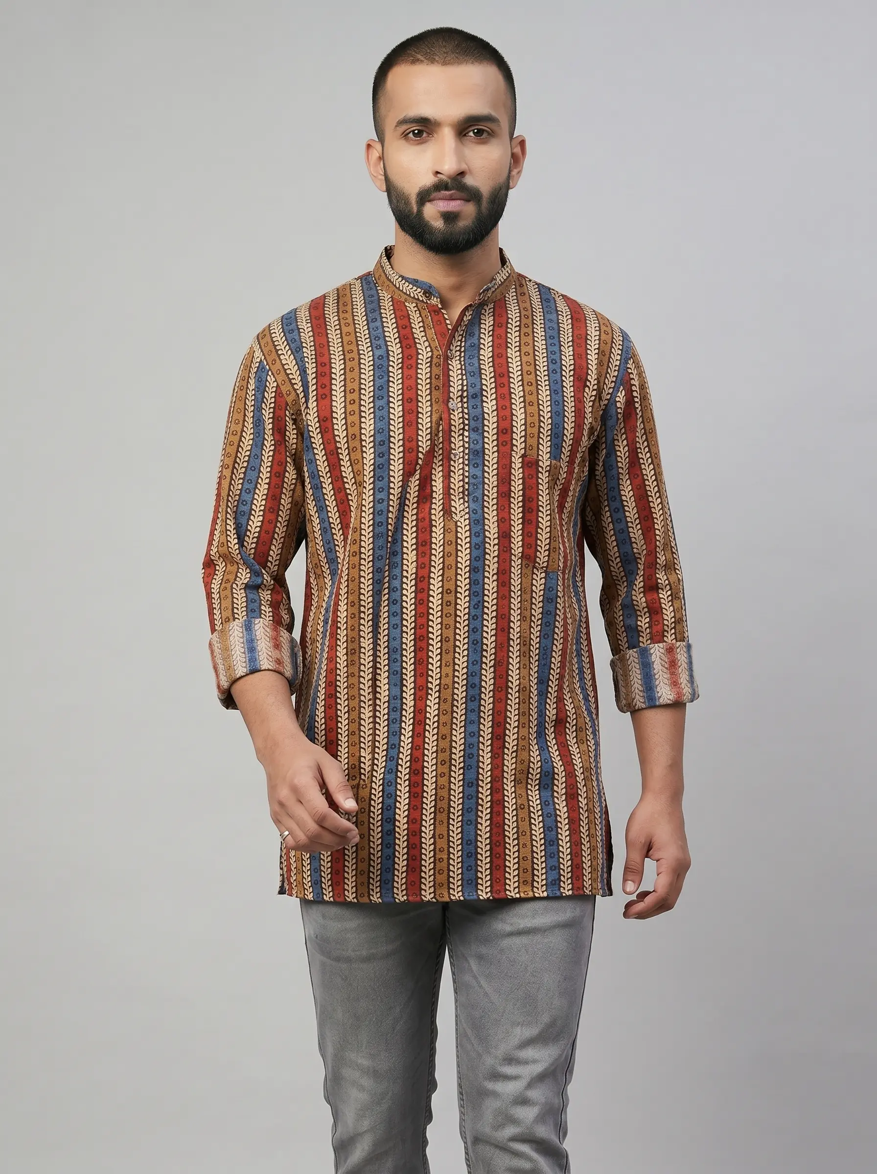 Men's Multicolor Cotton Printed Short Kurta - Image 2