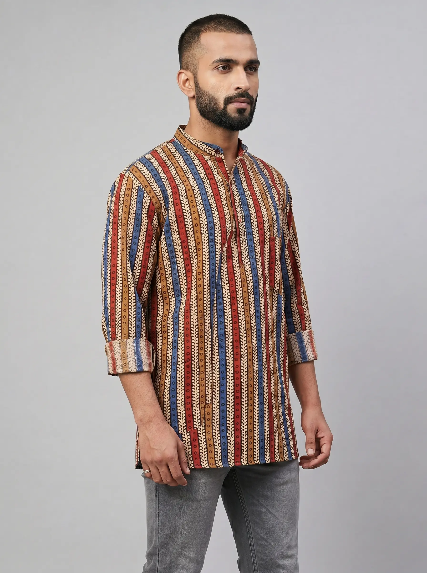 Men's Multicolor Cotton Printed Short Kurta