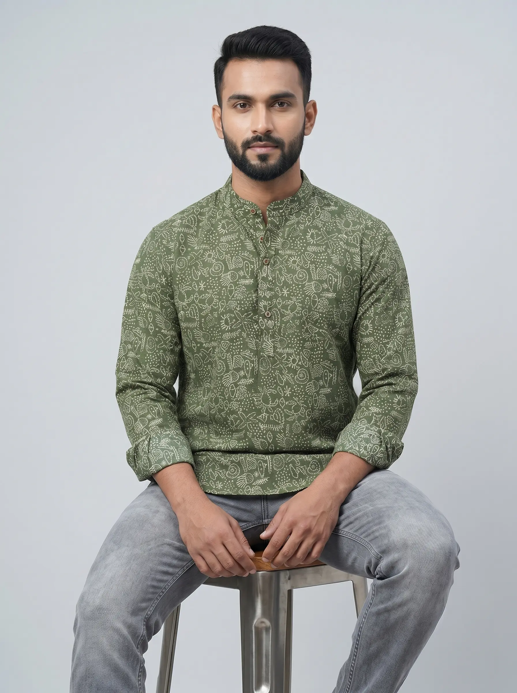 Men's Olive Green Printed Short Kurta - Image 2