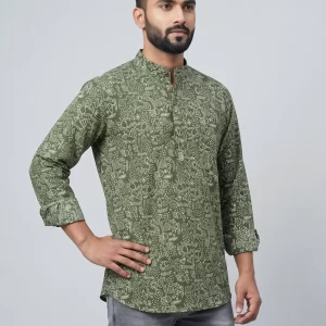 Men's Olive Green Printed Short Kurta
