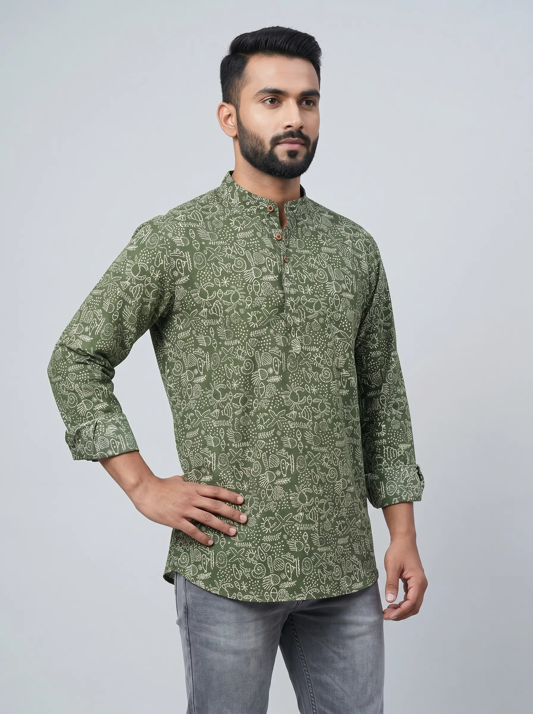 Men's Olive Green Printed Short Kurta