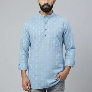 Men's Sky Blue Printed Short Kurta