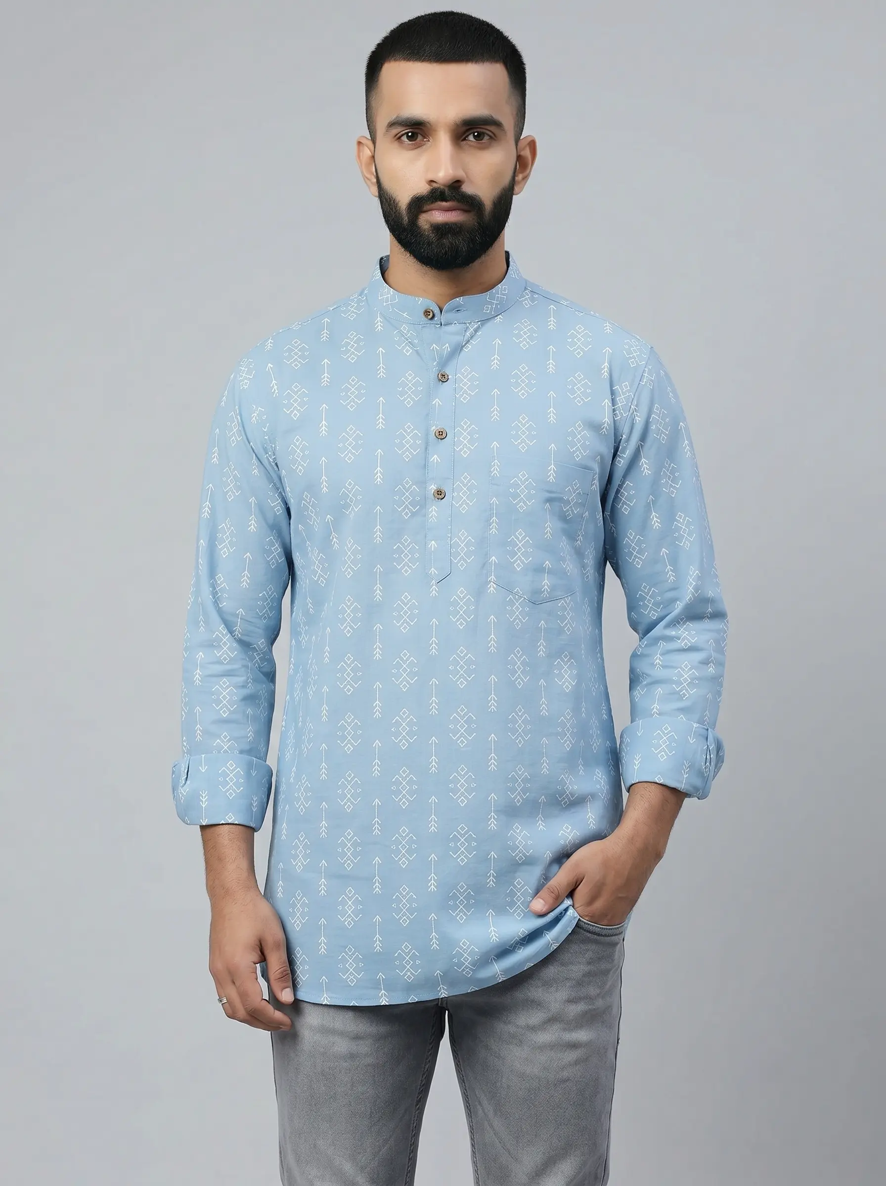 Men's Sky Blue Printed Short Kurta