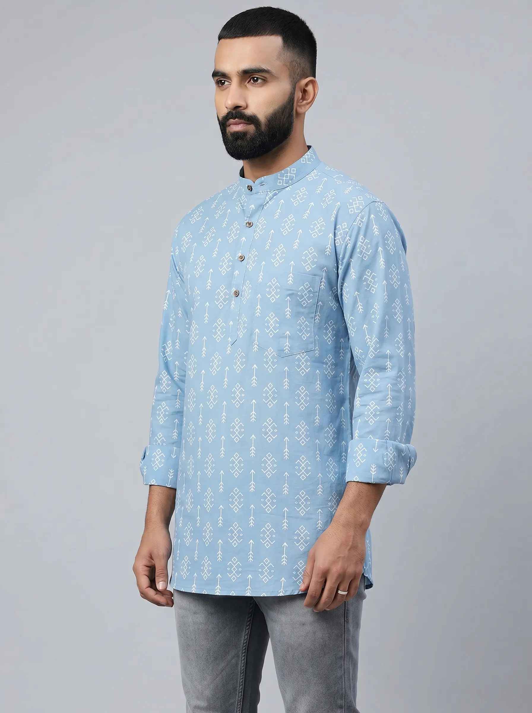 Men's Sky Blue Printed Short Kurta - Image 2
