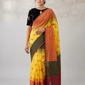 Elegant Woven Cotton Saree with Checked Border & Traditional Motifs