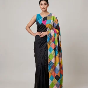 Elegant Black Cotton Saree with Multicolor Patchwork Pallu