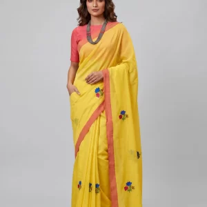 Elegant Yellow Embroidered Cotton Saree for Women