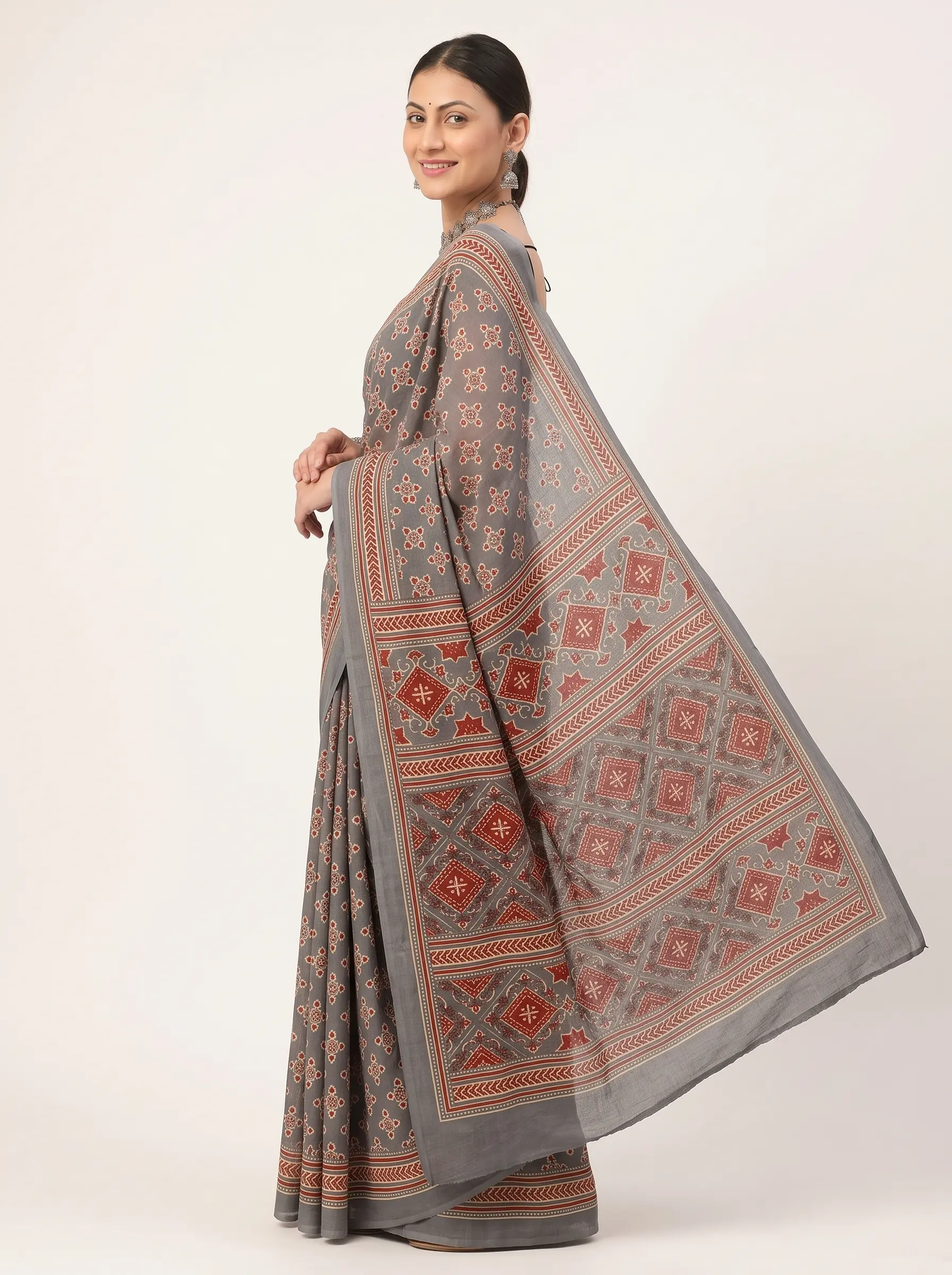 Elegant Grey Malmal Cotton Printed Saree for Women - Image 2