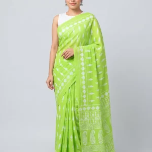 Elegant Lime Green Malmal Cotton Saree with White Hand Block Print