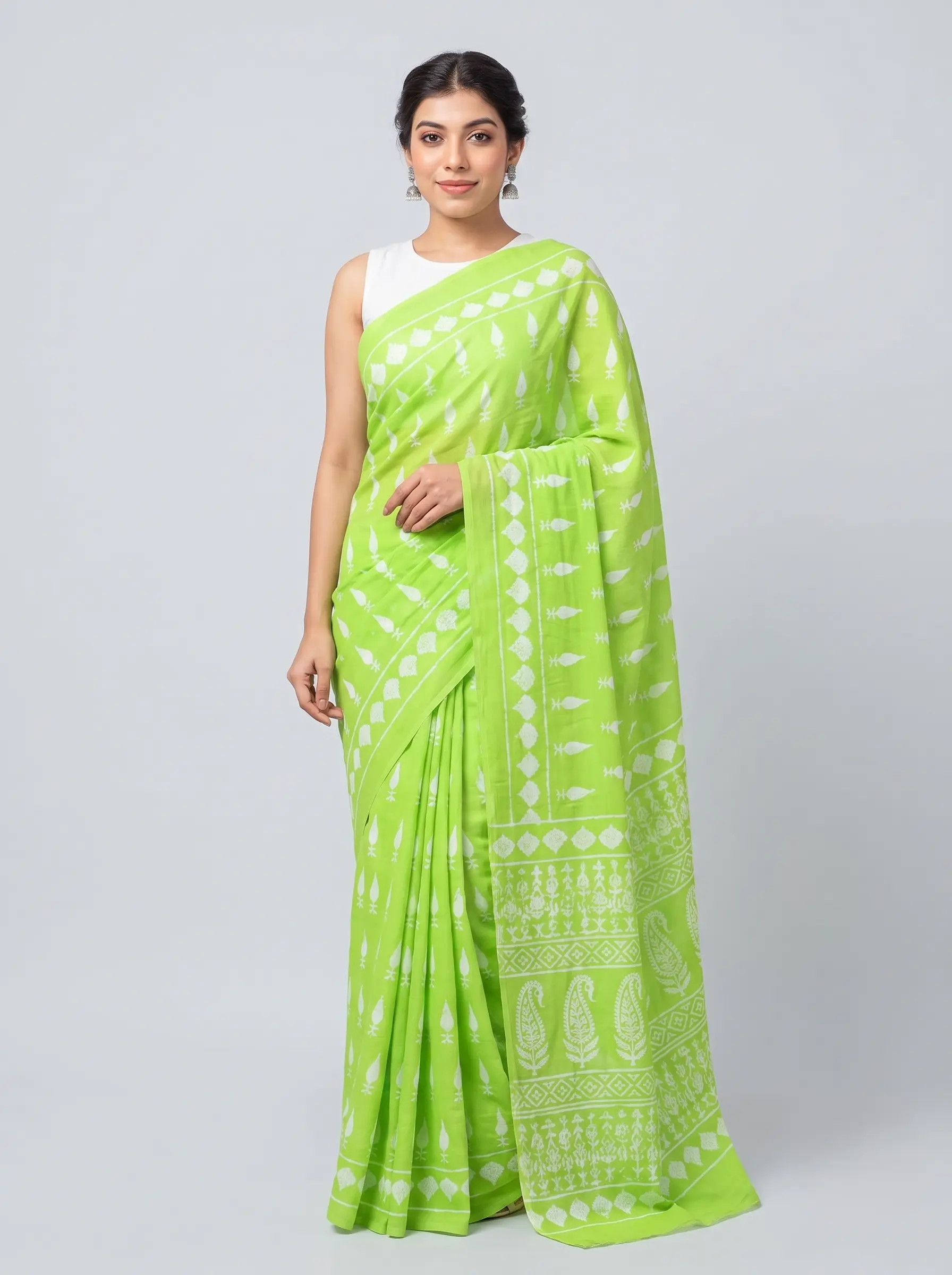 Elegant Lime Green Malmal Cotton Saree with White Hand Block Print