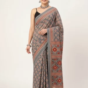 Elegant Grey Malmal Cotton Printed Saree for Women