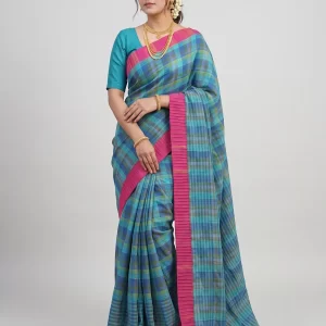 Premium Blue & Pink Checked Linen Saree for Women