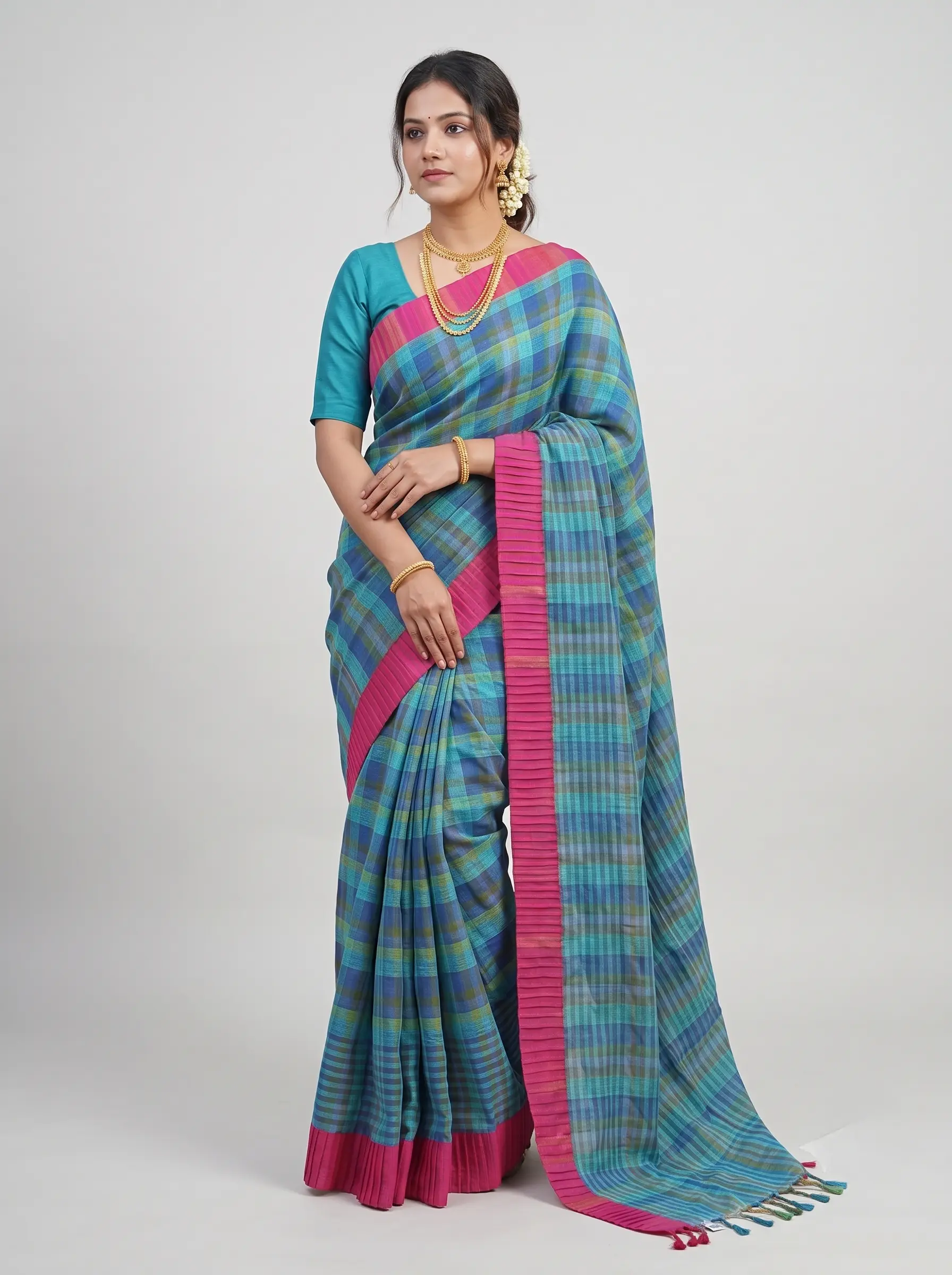 Premium Blue & Pink Checked Linen Saree for Women