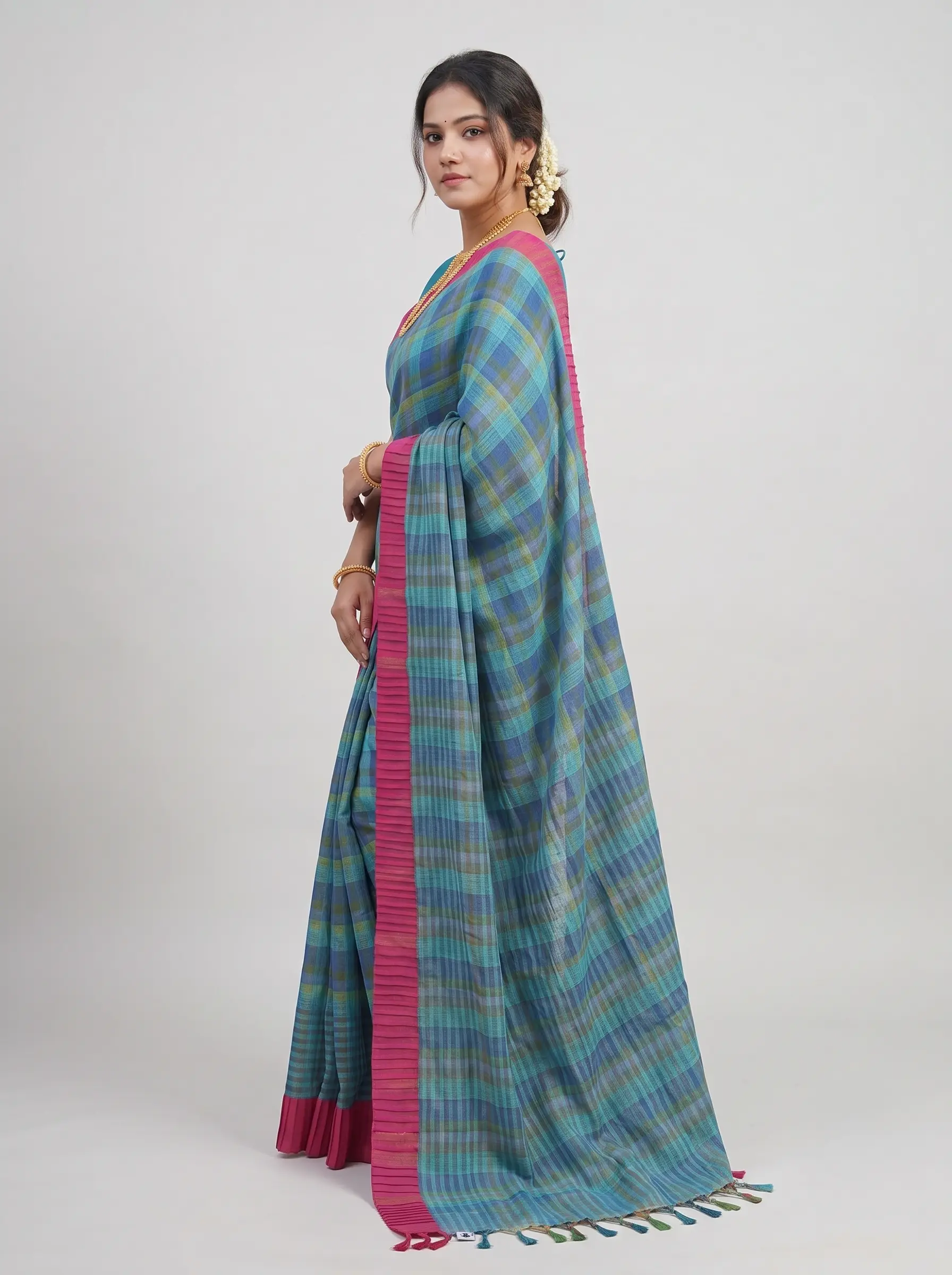 Premium Blue & Pink Checked Linen Saree for Women - Image 2
