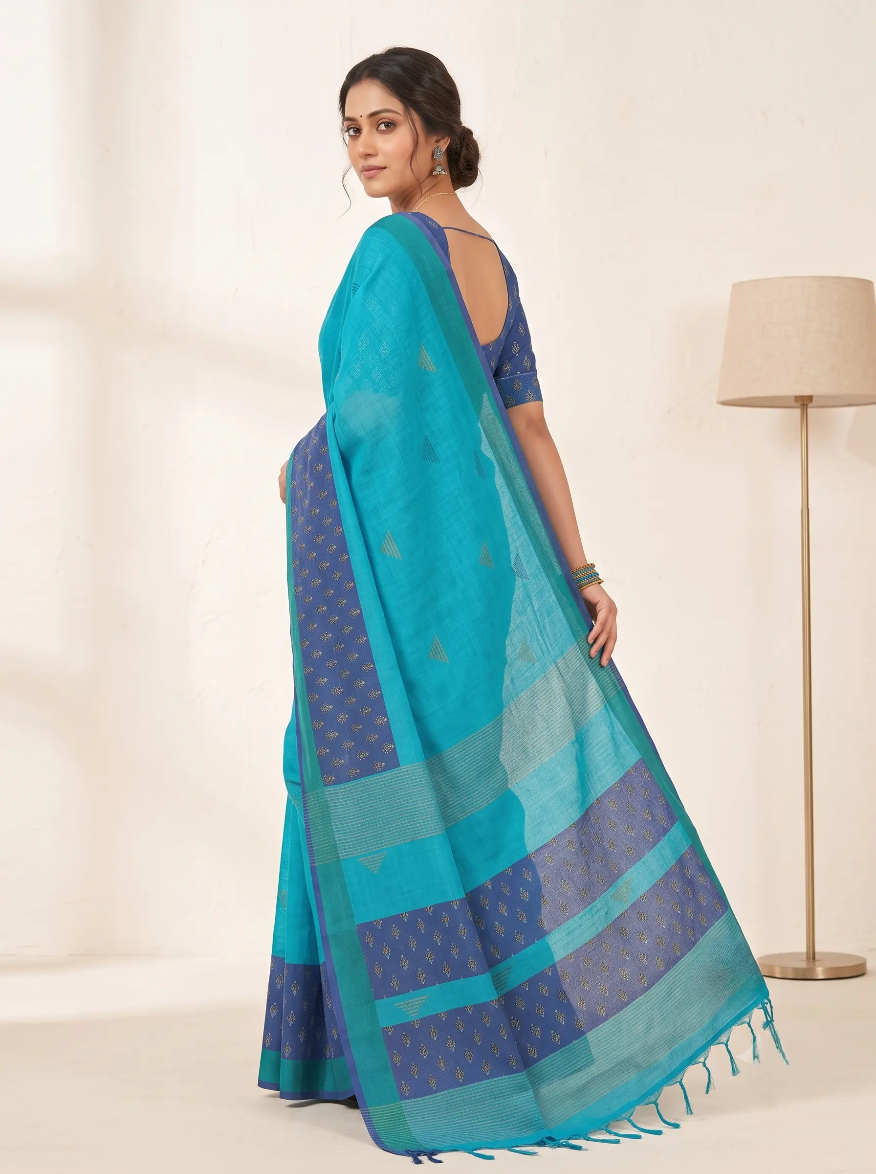 Premium Sky Blue Linen Saree for Women - Image 2