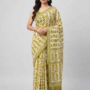 Elegant Olive Green Malmal Cotton Printed Saree for Women