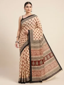 Elegant Beige Malmal Cotton Printed Saree for Women