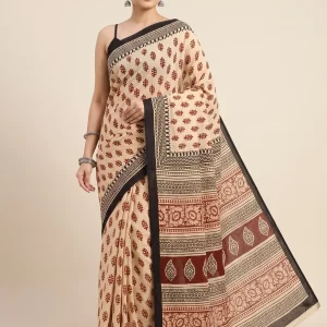 Elegant Beige Malmal Cotton Printed Saree for Women
