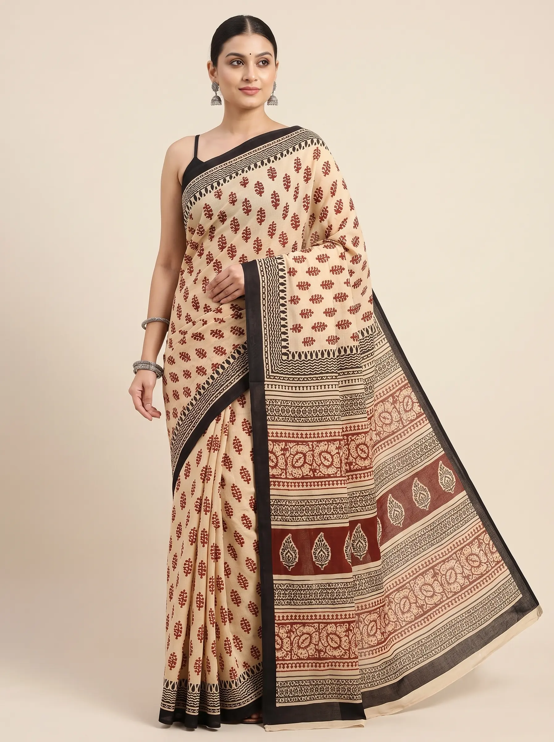 Elegant Beige Malmal Cotton Printed Saree for Women