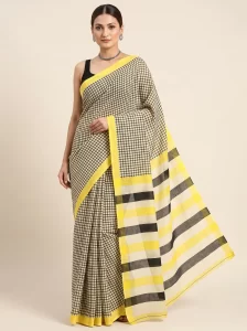 Elegant Black & Yellow Checkered Malmal Cotton Saree for Women