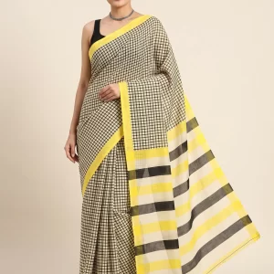 Elegant Black & Yellow Checkered Malmal Cotton Saree for Women