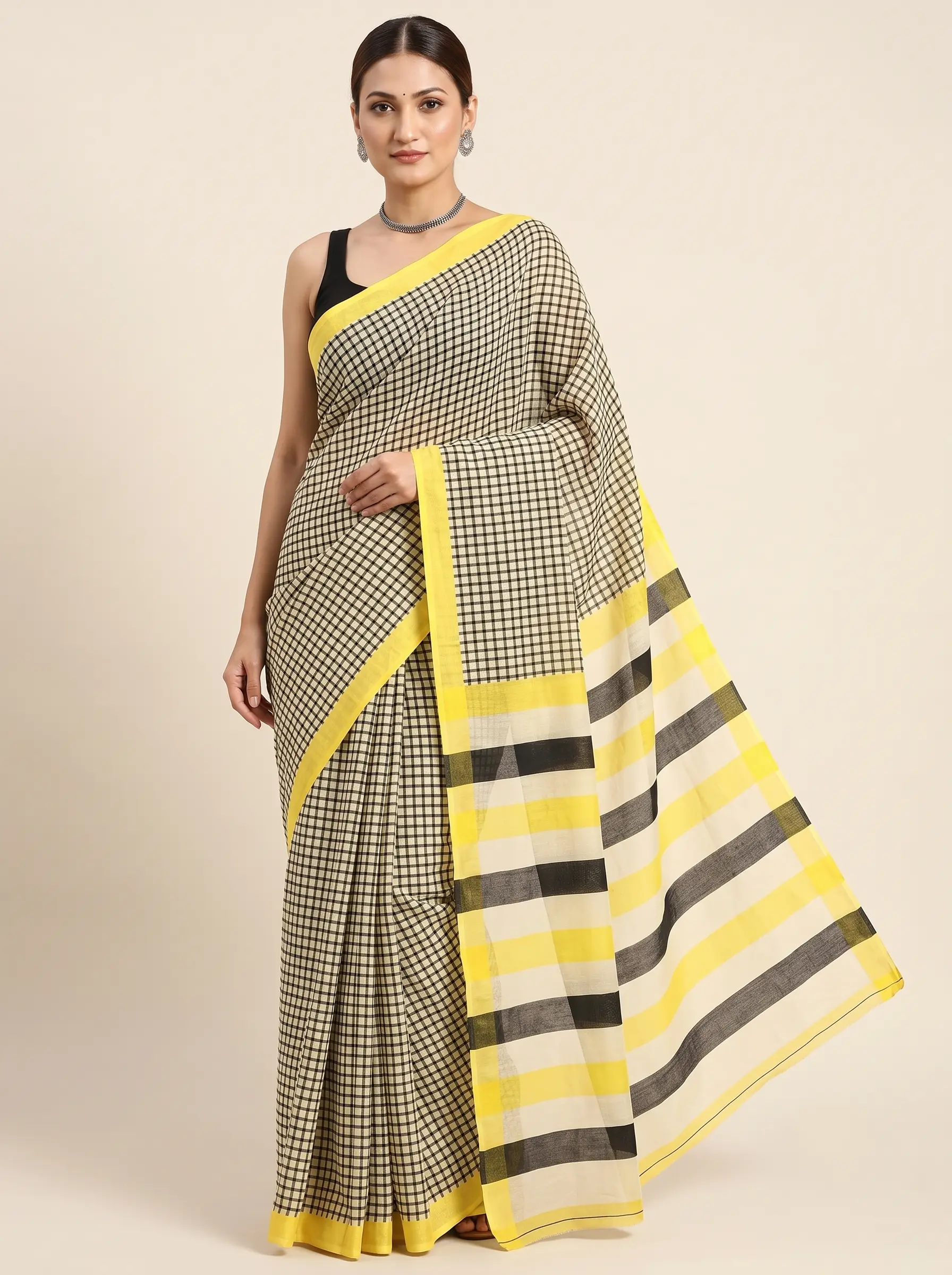 Elegant Black & Yellow Checkered Malmal Cotton Saree for Women