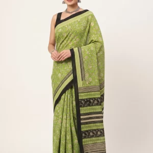 Elegant Green Floral Malmal Cotton Saree for Women