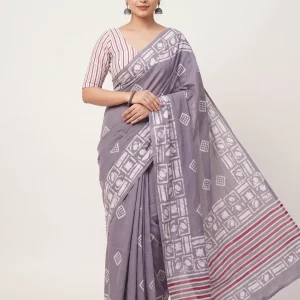 Elegant Grey Malmal Cotton Printed Saree for Women