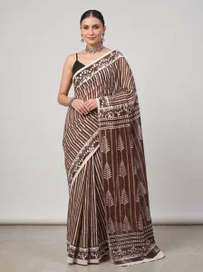 Elegant Brown & White Printed Malmal Cotton Saree for Women