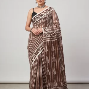 Elegant Brown & White Printed Malmal Cotton Saree for Women