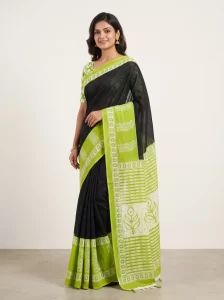 Elegant Black & Lime Green Printed Malmal Cotton Saree for Women