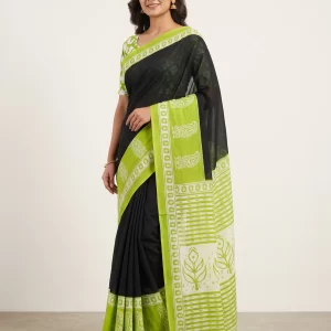 Elegant Black & Lime Green Printed Malmal Cotton Saree for Women
