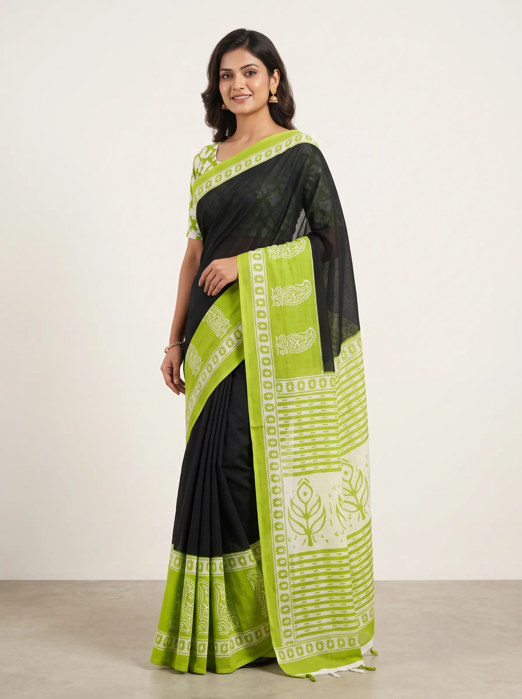 Elegant Black & Lime Green Printed Malmal Cotton Saree for Women