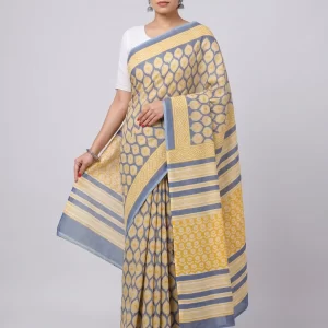 Elegant Grey & Mustard Malmal Cotton Printed Saree for Women