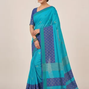 Elegant Woven Cotton Saree with Contrast Blue Border