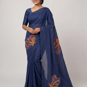 Navy Blue Cotton Embroidery Saree for Women