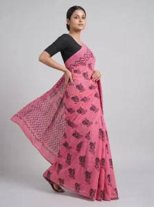Pink Quirky Handblock Cotton Saree