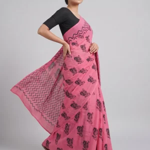 Pink Quirky Handblock Cotton Saree