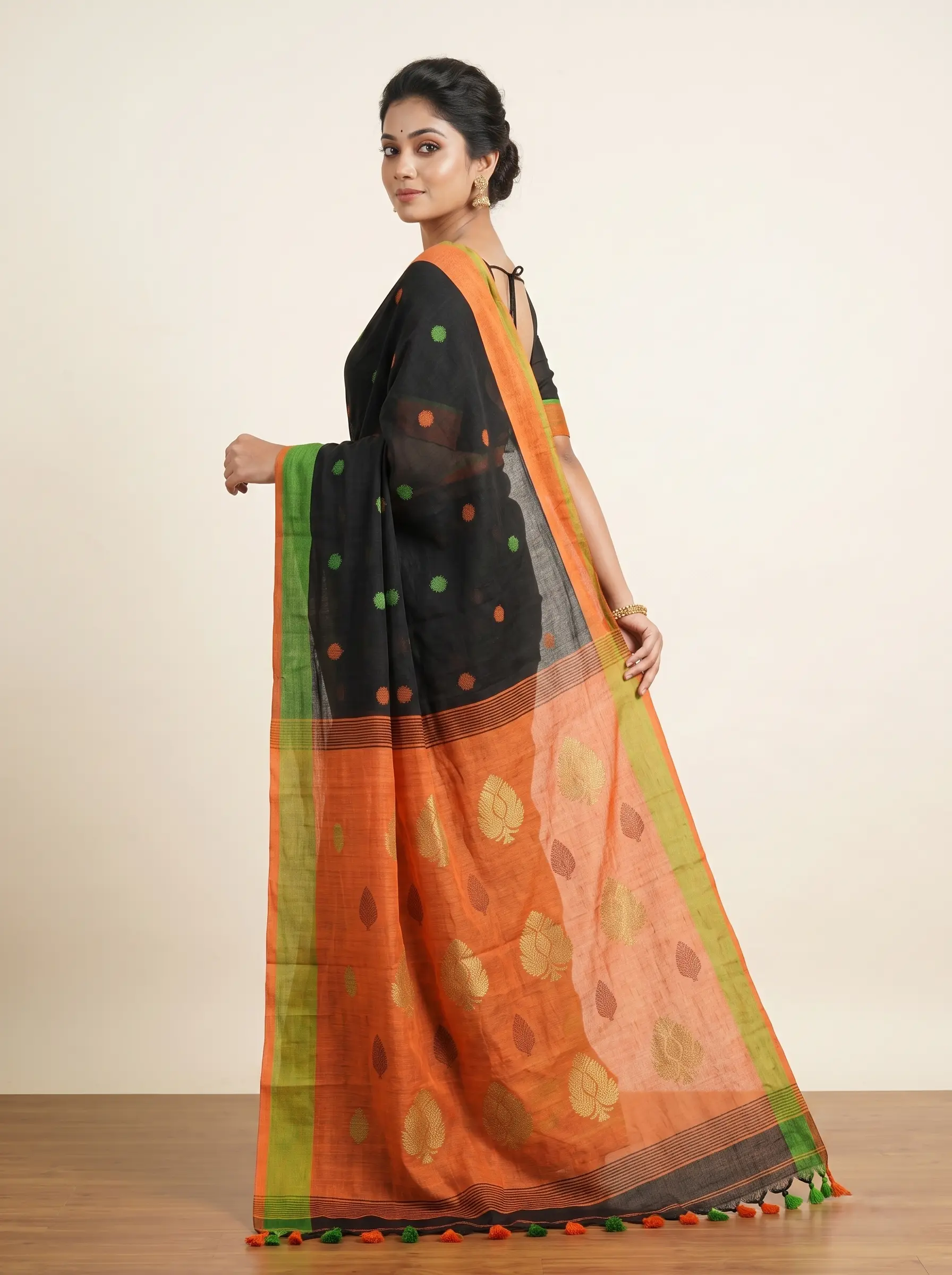 Black Handloom Saree with Orange & Green Border and Woven Motifs - Image 2