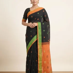 Black Handloom Saree with Orange & Green Border and Woven Motifs