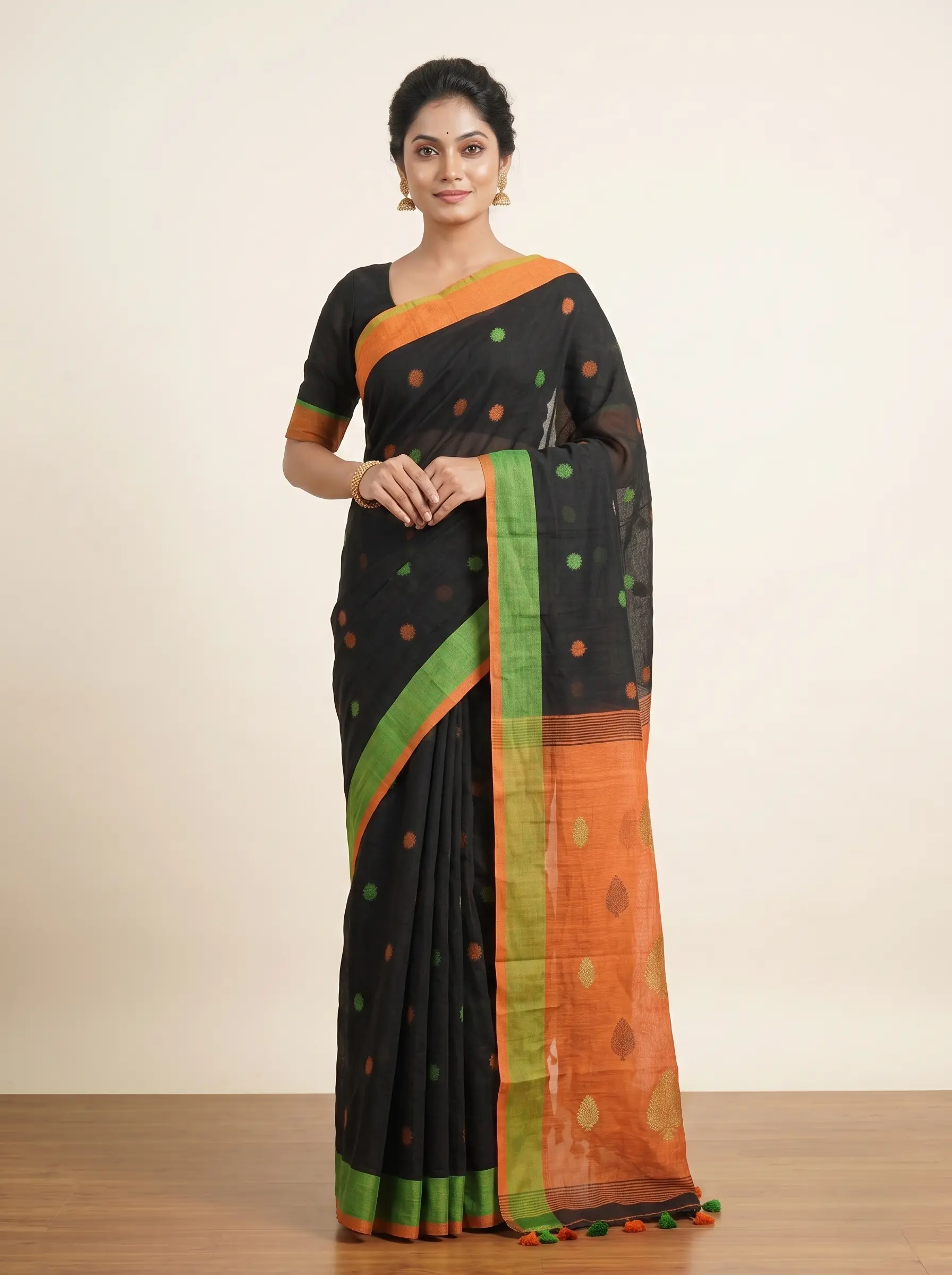 Black Handloom Saree with Orange & Green Border and Woven Motifs