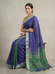 Blue & Green Handloom Saree with Silver Border & Multicolour Woven Motifs