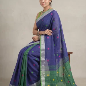 Blue & Green Handloom Saree with Silver Border & Multicolour Woven Motifs